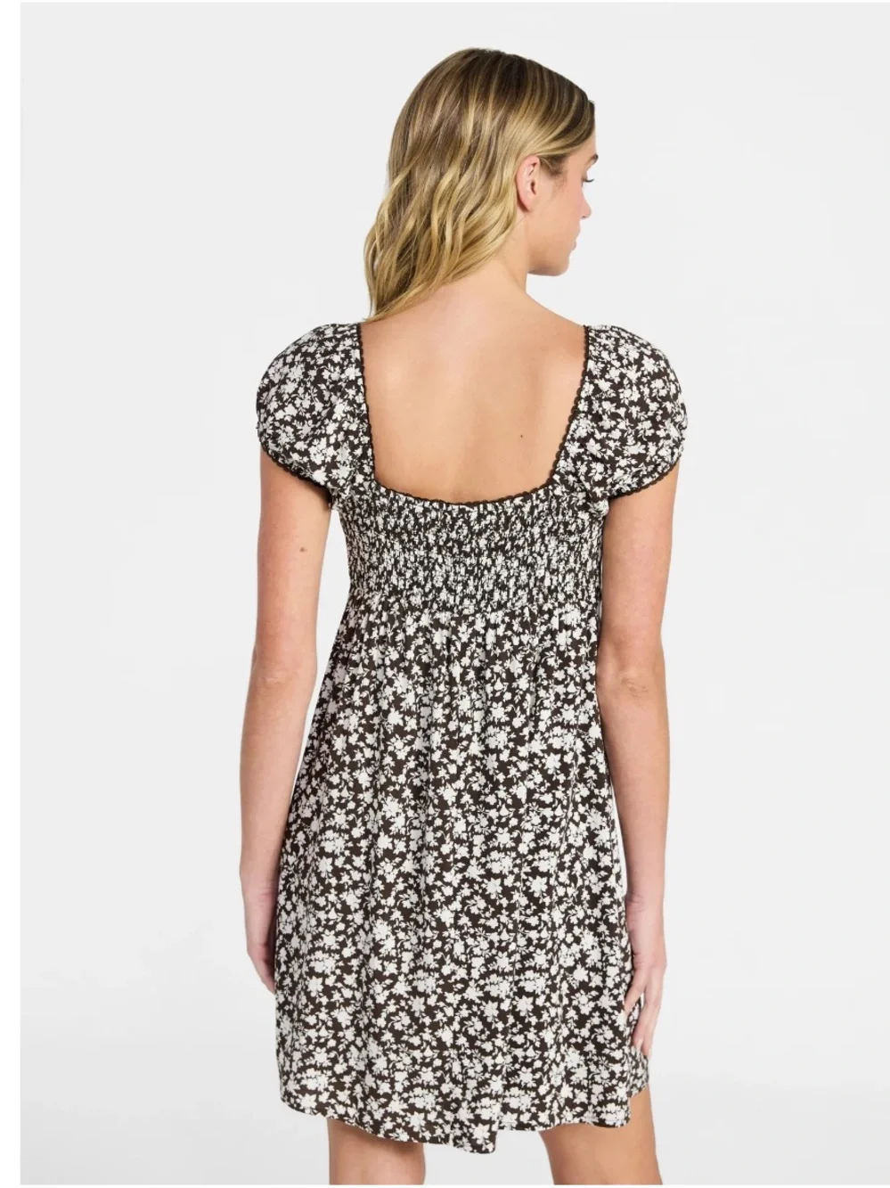 Brown Floral Square-Neck Mini Dress, NEW - Picture 3 of 9